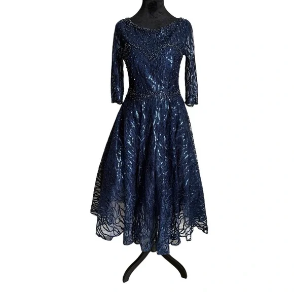 MAC DUGGAL HIGH NECK ABOVE ELBOW SLEEVE EMBELLISHED ALINE NAVY MIDI DRESS 4 - Picture 4 of 14